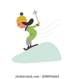 Girl skiing hand drawn naive art
