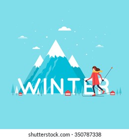 Girl skiing mountains in the background. Winter landscape, winter fun, winter vacation, winter sports, outdoors. New year. Flat design vector illustration.