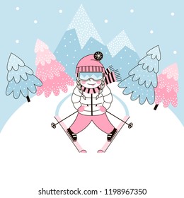 girl skiing in the mountains, winter sport themed illustration, vector graphics for holiday greetings, print, placard, journal card, poster, flyer