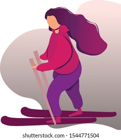 Girl Skiing rides. Winter sport and actives. Vector illustration in flat style. Banner design.