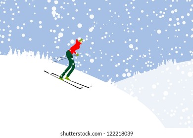 Girl skiing, winter mountain landscape