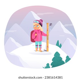 Girl skiing in winter mountains vector illustration. Cartoon cute happy female skier character standing on snowy slope with skis, active extreme sport for winter holidays and vacation in ski resort