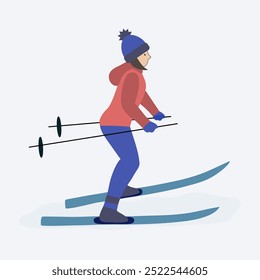 Girl skiing. Winter sports . Winter tourism . Flat illustration