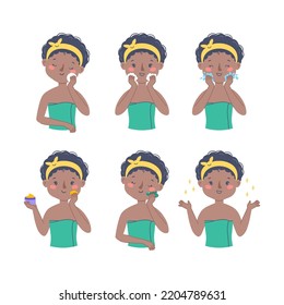 Girl skin care face. Cleansing and gua sha massage. Vector set. Cute woman illustration isolated on white background