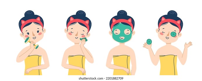 Girl skin care face. Gua sha massage. Using a sheet mask and a cucumber mask. Vector set. Cute woman illustration isolated on white background