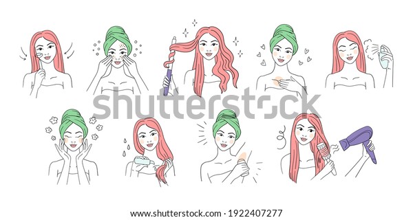 Girl Skin Care Routine icon set line art\
style. Woman Beauty procedures: skincare, hair care. Facial\
Cleaning, remove makeup. Doodle icon set girl cares for face and\
body, cosmetics\
instructions.