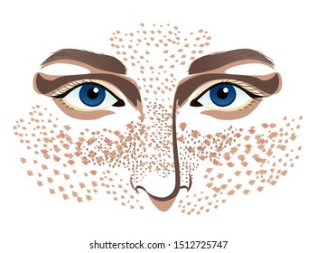 Girl with skin problems. Acne and freckles on the white background