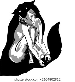 The girl in the skin of a wolf. Black and white graphics. Black Wolf. The image of the human condition. Illustration for covers.  Ink and feather stylization. 