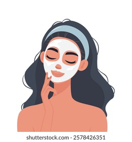 Girl with a Skincare Mask Enjoying a Beauty Treatment flat vector illustration isolated on white background