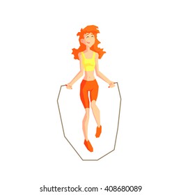 Girl With Skip Rope Cool Cartoon Style Geometrical Flat Vector Illustration Isolated On White Background