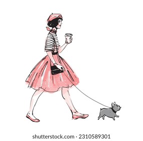 A girl in a skirt, beret and coffee walks with a French bulldog. Modern fashion sketch illustration in line and watercolor, vector isolated on white.