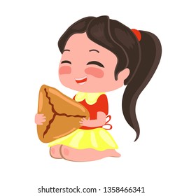 Girl in a skirt eats samosa with pleasure. Illustration with Asian food.

