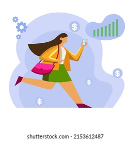 a girl in a skirt runs with a phone against the background of graphs and dollar icons