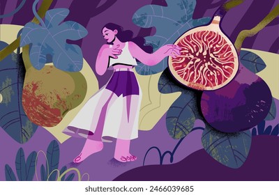 A girl in a skirt walks and dances in a garden of fig trees. Flat vector illustration of a girl and fruits. Ripe figs, leaves and trees.