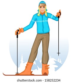 Girl with skis on the winter background 