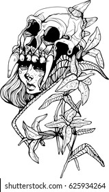 girl with skull and lily vector graphic