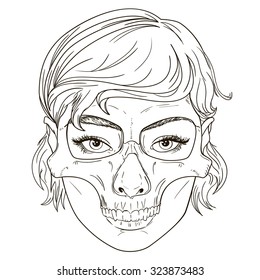 Girl with skull mask.Vector skull girl face. Illustration of girl for the tattoo and stickers, banners.