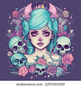 A girl with skulls, flowers and tattoos in a fantasy style