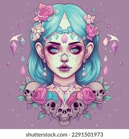 A girl with skulls, flowers and tattoos in a fantasy style