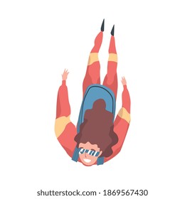 Girl Skydiver Doing Base Jump, Person Jumping with Parachute in Sky, Skydiving Parachuting Extreme Sport Cartoon Style Vector Illustration