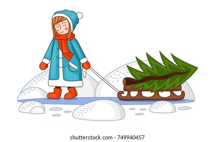 girl and a sled with a Christmas tree 