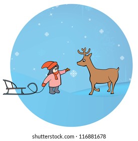 girl with sled feeding a deer