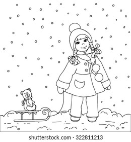 Girl with sled in winter.