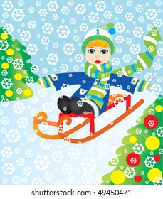 Girl are sledding among the Christmas trees, it`s snow