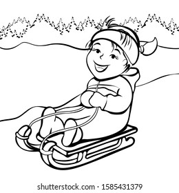 Girl sledding, cartoon character, black and white outline hand drawing, coloring, winter kids fun. Cute child joyful rides in sled on snow hill on the background of forest. Vector illustration