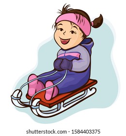 Girl sledding, cartoon character, colorful hand drawing, winter kids fun. Cute child in purple-lilac jumpsuit joyful rides on sled in the snow, isolated on white background. Vector illustration
