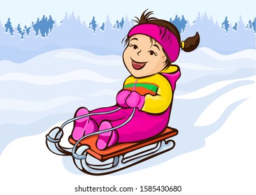 Girl sledding, cartoon character, hand drawing, winter kids fun. Cute child in pink jumpsuit joyful rides in sled on snow hill on the background of spruce forest park. Vector illustration