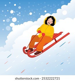 Girl sledding down a snowy hill. Happy child. Winter holidays. Vector illustration.