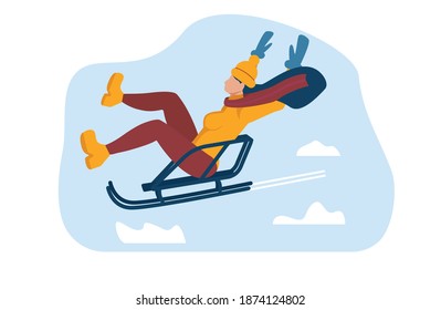 Girl sledding in winter in the snow, vector illustration in flat style