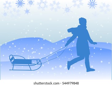 Girl with a sledge. Vector illustration.