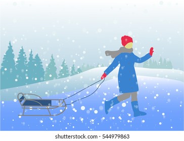 Girl with a sledge. Vector illustration.
