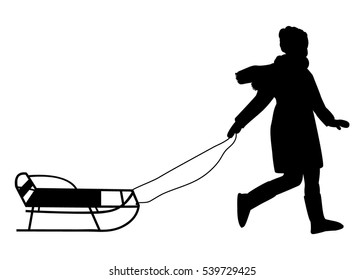 Girl with a sledge. The winter vacation. Vector silhouette.