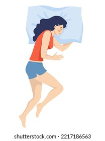 Girl sleep in bed. Woman with pillow. View from above, close-up. Girl sleeping in different poses. Vector illustration isolated on white background. 