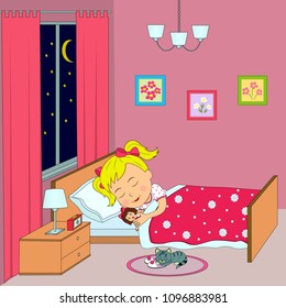 girl sleep in the bedroom, illustration,vector