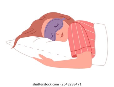 La chica con una máscara para dormir quiere dormir. No quiero levantarme de la cama por la mañana. Ilustración dibujada a mano simple. Concepto elegante minimalista.