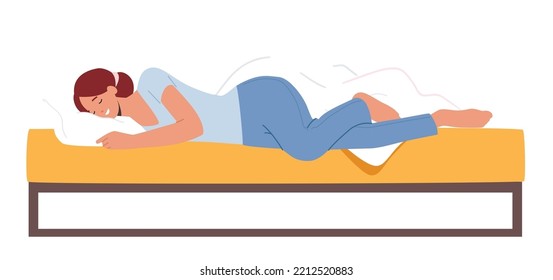 Niña duerme de lado con piernas dobladas. La mujer lleva el pié dormido, el pijama o la siesta en una cómoda vista lateral de cama aislada de fondo blanco. Ilustración de vectores de personas de caricatura