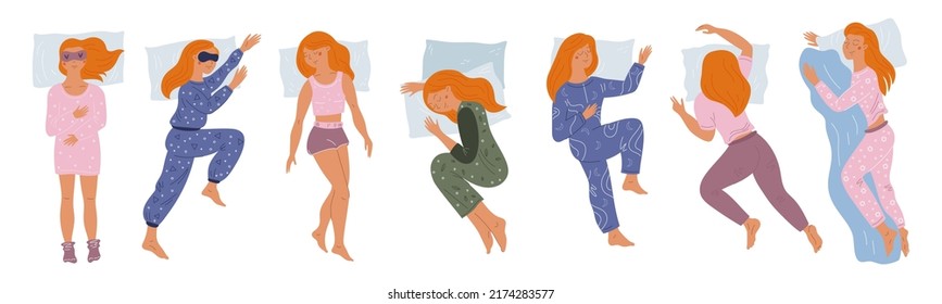 Girl sleep positions. Sleeping woman in pajamas. Different poses. Pretty lady dreams. Pillows and blanket. Slumbering female top view. Night rest. Person lying in bed