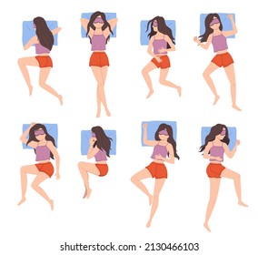 Las posiciones del sueño de las chicas. Noche de mujer relajada en diferentes poses vista superior, la señora descansa en la cama, durmiendo de lado, espalda y estómago con almohada, cómoda noche vector de dibujos animados conjunto plano