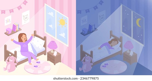 Girl sleep and wake up. Early morning and night dream. Little kid in bed, relax and healthy daily schedule. Cute cartoon child in bedroom snugly vector scene