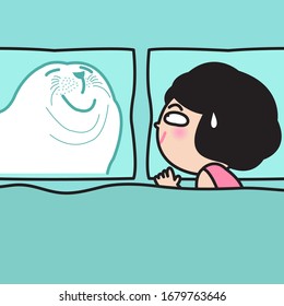 Girl Sleeping Alone In Bed With Her Seal Face Boyfriend Pillow. Funny Couple Love And Relationships Concept Card Character illustration