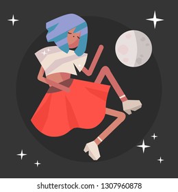 Girl is sleeping among moon and stars