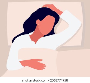 The girl is sleeping. A beautiful young woman is sleeping in bed. Illustration of the concept of sleep.