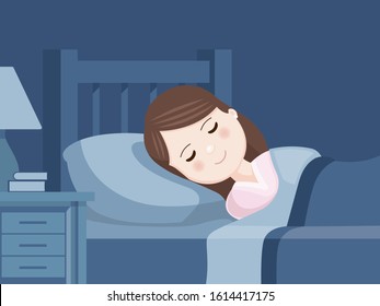 Girl sleeping in bed. Bedroom at night. Sweet dreams. Vector illustration