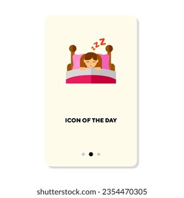 Girl sleeping in bed during nighttime flat icon. Vertical sign or vector illustration of comfortable sleep element. Nighttime, bedtime, sleeping, rest for web design and apps