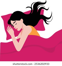 A girl is sleeping in bed flat vector illustration.