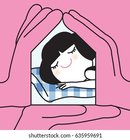 Girl Sleeping In Bed At Hand Shaped Home Feeling Safe And Warm  Concept Card Character illustration